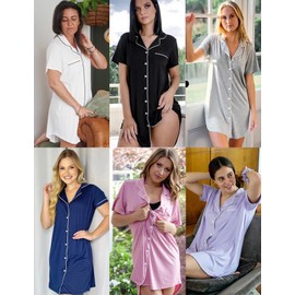 MTMHO Womens Nightgown Button Down Sleepshirts Short Sleeve Sleepwear Boyfriend Nightshirts Pajama Dress Navy Blue M