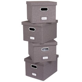 Internet's Best Collapsible File Storage Organizer with Lid - Decorative Linen Filing & Storage Office Box – Hanging Letter/Legal Folder – Home Office Bins Cabinet – Grey Container - 4 Pack