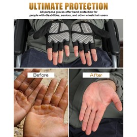 Wheelchair Gloves Half-Finger with Anti-Blister Padding & Shock Absorption for Men Women (Black, Medium)