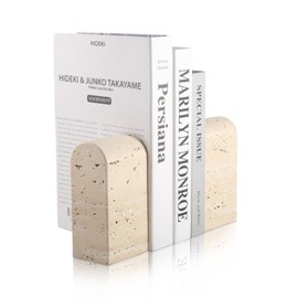 Koville Italian Travertine Bookends for Shelves, Decorative Book Ends, 7lbs Heavy-Duty Marble Book Holders, Bookshelf Apartment Decor for Normal Books/CD/Video Games(Travertino Romano)