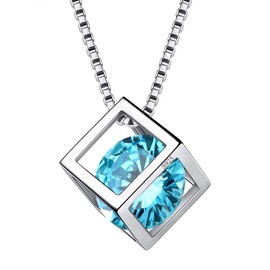 Aurora Tears Birthstone Necklace Jewellery Set, Square Birthstone Pendant for Women and Girls, 925 Sterling Silver, Necklace, 3-march aquamarine