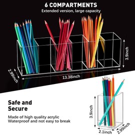 Juexica 4 Pack Clear Pencil Holder Acrylic 6 Compartments Makeup Brush Organizer Pencil Cup Stationery Holder for Desk Accessories Cosmetic Brush Storage Box for Office Dorm Bathroom Kitchen