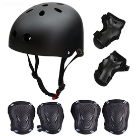 Skateboard/Skate Protection Set with Helmet-SymbolLife Helmet with 6pcs Elbow Knee Wrist Pads for Kids BMX/Skateboard/Cycling, for Head L (57-62cm) Black