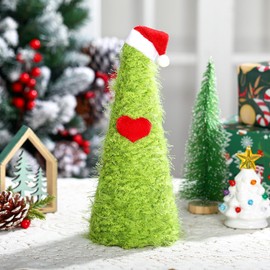 Gejoy Lime Green Furry Christmas Tree Tabletop Yarn Christmas Elf Decorations 9.84 Inch Mini Green Christmas Tree Centerpiece with Santa Hat Artificial for Christmas Party Home Ornaments