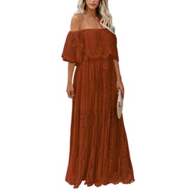 Cercis Women Off The Shoulder Floral Lace Maxi Wedding Dress Boho Flowy Brides Bridesmaid Wedding Guest Formal Long Dress Rust