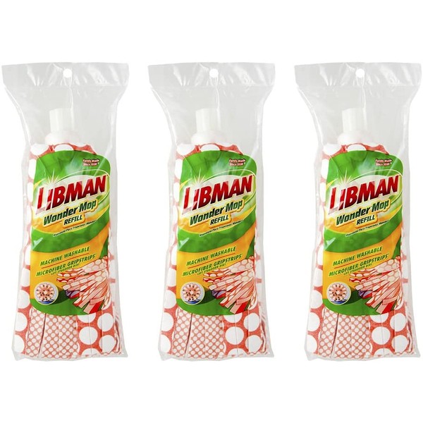Libman Wonder Refill Pack – for Powerful Cleanup – Three Absorbent Wet Mop Replacement Heads for Hardwood, Tile, Vinyl. Machine Washable, 11.5 Inch, Red & White