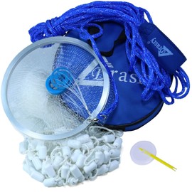 Drasry Fishing Cast Net with Aluminum Ring 3/8 or 1/2 Mesh for Saltwater Freshwater Bait Shrimp Trap Fish Throw Net Size 4FT/5FT/6FT/7FT Radius (Gray Sinkers 3/8 Mesh, 6FT / 180cm Radius