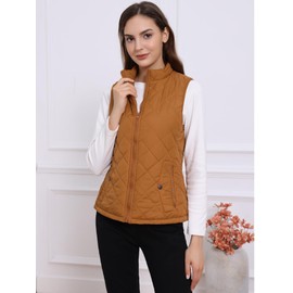 Allegra K Woman Zip Up Front Stand Collar Slant Pockets Quilted Padded Vest XX-Large Saddle Brown