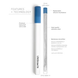 LifeStraw Sip – Reusable Stainless Steel Water Filter Drinking Straw with Carry Case, Removes Microplastics, Bacteria and Parasites for Travel and Everyday Use, Stormy Blue