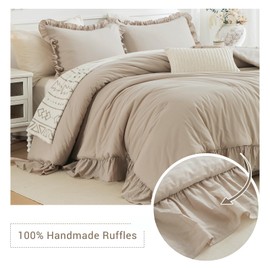 CozyTide Farmhouse King Size Comforter Set,100% Cotton Shabby Boho Chic Bedding Ruffled Linen Feel Textured King Bed Comforter Vintage Rustic French Country Bedding Sets 3 Pieces