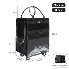 Reusable Grocery Bag On Wheels(Medium -Black), Rolling Tote Bag, Shopping Cart with 8 Pockets and Zipper Cover for Trips, Foldable, Heavy Duty Handles, Carries Up to 46LBS