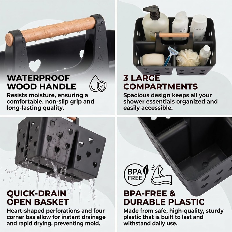 Black Portable Shower Caddy, Plastic Basket Organizer with Wooden Handle