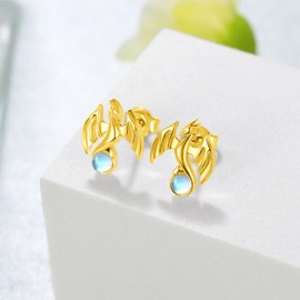 Dragon Earrings 925 Sterling Silver Moonstone Dragon Stud Earrings Dragon Jewelry Gifts for Women (Gold)