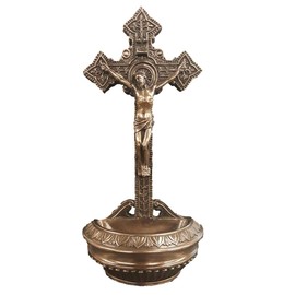 CatholicStore 9" Crucifix Holy Water Font, Cold Cast Bronze Resin, Stands or Hangs