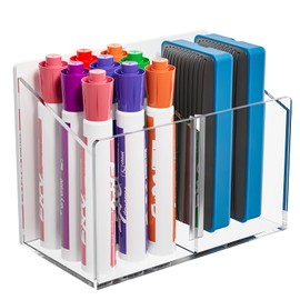 MaxGear Magnetic Marker Holder, Clear Acrylic Pen Organizer with 2 Compartments for Fridge, Locker, Whiteboard & Wall Pencil Cup - Includes Screws for Dry Erase Board Accessories