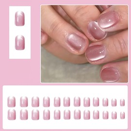 RikView Square Press on Nails Short Fake Nails Pink Nails with Cat Eye Finish Glossy Full Cover Nails for Women 24 PCs/Set