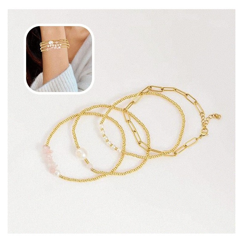 Hilufiet 4pcs Exquisite Gold Paperclip Beaded Bracelet Set Adjustable Stackable