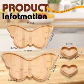 Rtteri 4 Pcs Butterfly Charcuterie Board, Wooden Food Serving Platter Trays with 2 Heart Shaped Dipping Saucers Vegetable Fruits Cookies Dish for Baby Shower Baptism Wedding Birthday Party Decoration
