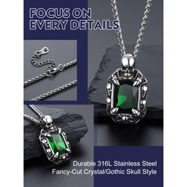 Bandmax Emerald Stone Pendant Necklace Stainless Steel Green Crystal Gemstone Necklace for Men Women Biker Gothic Rock Punk Skull Necklace