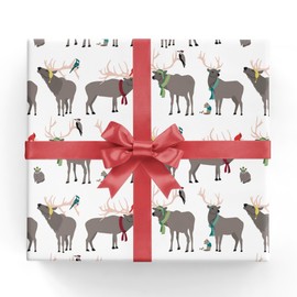Elk Christmas Giftwrap Paper - Six Flat Folded Sheets 19.5x27 Inches, Whimsical Masculine Christmas Wrapping Paper with Elk and Wild Animals in Hats and Scarves.