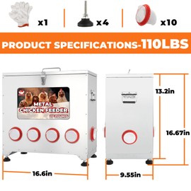 110 lbs 10 Port Galvanized Chicken Feeder with Adjustable Height,Locking Lid&Riveted Handles,Large Capacity Rainproof Automatic Chicken Feeders,No Waste Poultry Feeder for Chicken Coops(Silver)