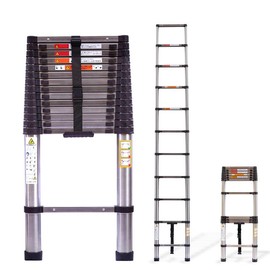 Bowoshen Telescopic Ladder Stainless Steel Frame Safety Locks 330lbs Load Capacity for Indoor and Outdoor, with Anti-Slip Rubber Feet, Adjustable Height, Easy to Operate, 8.5 / 10.5 /12.5FT - Size: 12.5FT