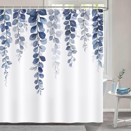 Bonhause Shower Curtain Eucalyptus Blue Leaves Watercolour Plant Shower Curtains 180 x 180 cm Anti-Mould Waterproof Polyester Fabric Washable Bathroom Curtain for Bathroom with 12 Hooks