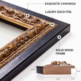 Small Vintage Mirror, 14”x11” Black Ornate Mirror with Handmade Aging Gold Foil Flower Petal Carvings Solid Wooden Frame for Antique Living Room, Fireplace, Entryway and Bedroom