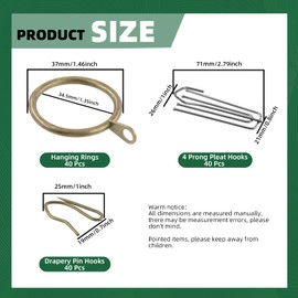 Keadic 120Pcs Bronze Metal Drapery Pleat Hooks Pins Rings Set, 30 mm ID Curtain Rod Rings 4 Prongs Pinch Traverse Pleater Tape End Hanging Pin-on Hooks Clips for Decorative Shower Window Curtain