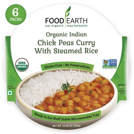 Food Earth Organic Indian Chick Pea Curry with Steamed Rice - Ready to Eat Meals - Indian Food - Organic Microwaveable Meals - Pre Prepared Meals - (6 PACK)