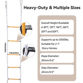 Emergency Fire Escape Ladder 10M / 32.8FT with 2 Hooks, Flame Resistant, Anti-Slip Safety Rope Ladder for Balcony 3-7 Story Homes, Reusable and Portable, Easy to Use & Store for Adults and Kids