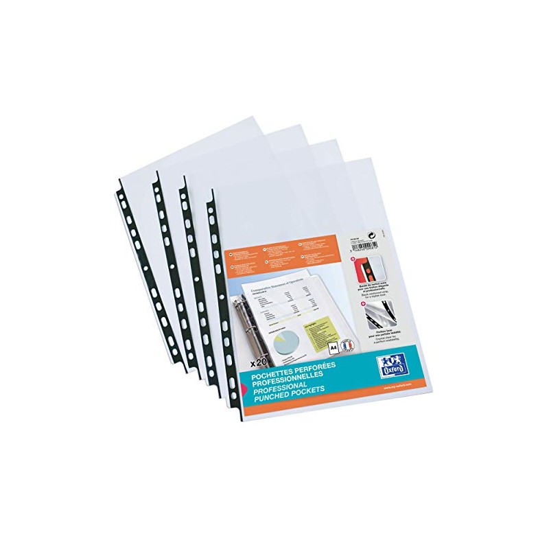 Oxford 20 x A4 Clear Document Wallets with Black Hole