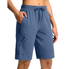 SANTINY Women's 10'' Lightweight Hiking Cargo Shorts with 5 Zipper Pockets Quick Dry Summer Long Travel Golf Shorts for Women (Blue_XL)