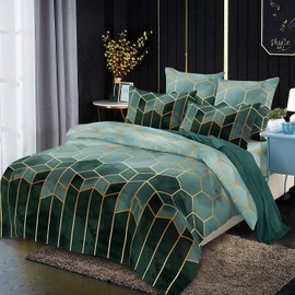 Freyamy Bed Linen 200 x 200 cm Green Geometric Checked Reversible Bed Linen Marble Modern Microfibre Double Bed Duvet Cover with Zip and 2 Pillowcases 80 x 80 cm
