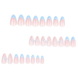 24 Pcs Blue French Press on Nails Short Almond, ZIFANHU Pink Fake Nails Press ons 3D Pearl Nail Tips Design Full Cover Acrylic Butterfly False Nails Glossy Glue Stick on Nails for Women