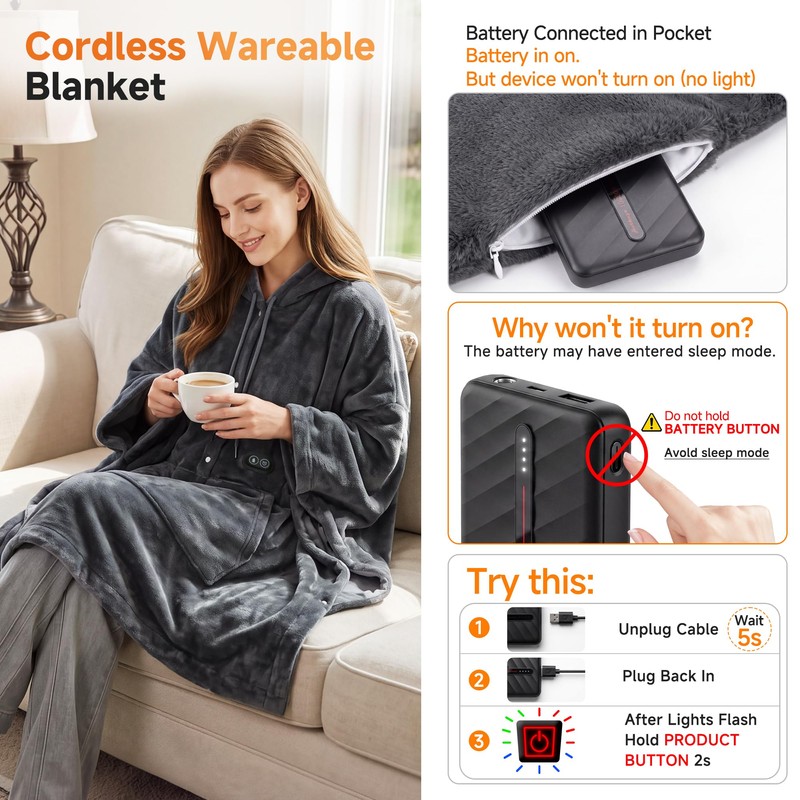 Cordless Wearable Heated Blanket with Hood,battery powered 10000mAh,38x67