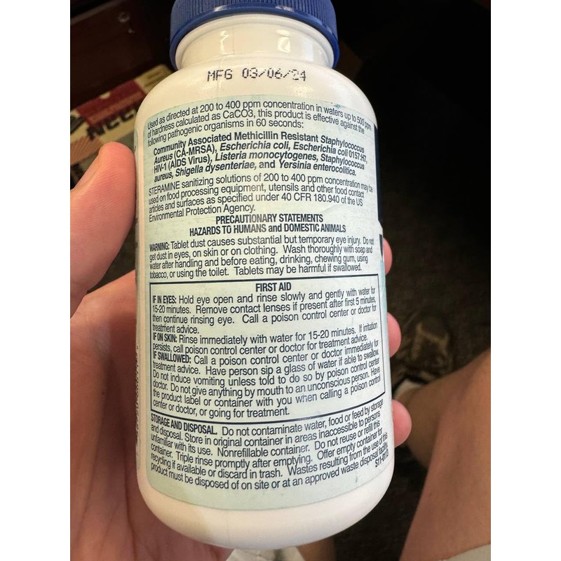 6 Bottles Steramine Sanitizer Tablets w/15 QT-10 Test Strip -