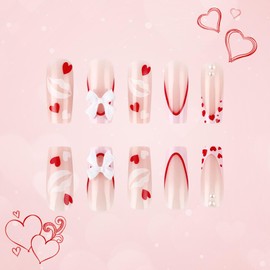 Valentine's Day Press on Nails Medium Square Fake Nails Press ons Pink French Tip Glue on Nails Full Cover False Nails with Bow Heart Design Stick on Nails for Women Girls 24 Pcs