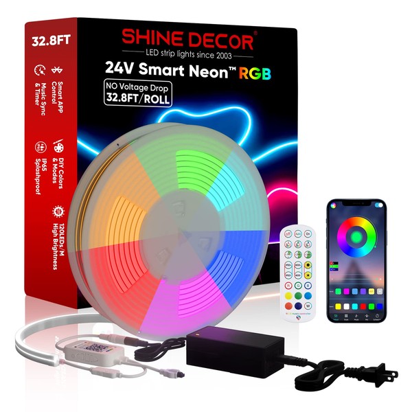 Shine Decor 24V Neon Rope Lights, RGB Smart Neon Light Rope with APP Control &Music Sync, 32.8FT/10M Neon LED Strip Lights for Indoor Outdoor Bedroom Gaming Wall Lighting, Dimmable Flexible Waterproof
