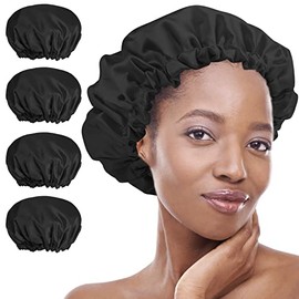 4pcs Gorro para Baño Mujer,Gorro de Ducha Reutilizable Impermeable,Negro | de Doble Capa con Gorro de Protección de Cabello Femenino Elástico Forrado 