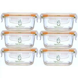 Sage Spoonfuls Borosilicate Glass Baby Food Containers with Lids - Durable and Airtight - Dishwasher, Oven, Microwave, & Fridge Safe - 24 Fl Oz, Pack of 6 - Clear