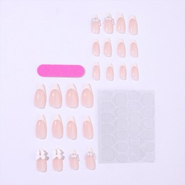 24Pcs Bow Press on Nails Medium Almond Fake Nails with Pink Nail Tips Design White Bow Charms False Nails Luxury Pearl Stick on Nails Nude Full Cover Artificial Glue on Nails for Women DIY Nails Art