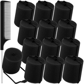 12 Pcs Jumbo Foam Sponge Hair Rollers 1.89 Inch Soft Sleeping Curlers Flexible Large Foam Rollers and Rat Tail Comb for Hair Styling (Black)