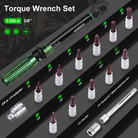 Uharbour 3-25Nm 3/8 Drive Torque Wrench for Bicycles, Bicycle Torque Wrench Set with Bits, Adapter and Extension Rod for Bicycle, ±3% Error Accuracy