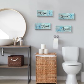 ZINYAZHE 4 Pieces Beach Theme Bathroom Decor Teal Sea Turtle Wall Art Funny Ocean Wooden Signs for Bathroom Bedroom Office Home Toilet Decoration(Teal Turtle 10x4 inch)