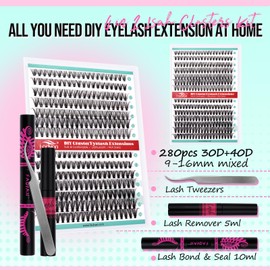 FADVAN Lash Clusters DIY Lash Extensions Kit 280pcs Individual Lashes Clusters 30D+40D Eyelash Extension Kit with Applicator and Lash Bond&Seal,Glue Remover, Beginner Friendly (30D+40D, 0.07D, 9-16mm)