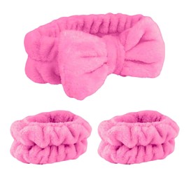 Diadema Y Muñequeras De Skincare Para El Cuidado Facial Y El Maquillaje Juego De Accesorios Para Sujetar El Cabello, Aplicar Mascarillas, Tratamientos Faciales Y Cosméticos Spa En Casa (Fucsia)