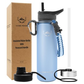 NATURE PIONEOR Insulated Water Bottles with Paracord Handle - 24 oz Vacuum Sports Wide Mouth Water Bottle with 3 Lids, Leak Proof Stainless Steel Keeps Hot and Cold