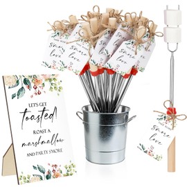 Tioncy 24 Set Wedding Favor for Guests Includes S'mores Sticks for Fire Pit Table Sign Celebrate Tags with String Extendable Marshmallow Roasting Sticks S'mores Skewer for Party Gifts(Rose Flower)