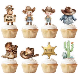 48pcs Cowboy Baby Shower Cupcake Toppers - My First Rodeo Decorations Boy, Little Western Birthday Party Cupcake Decorations, A Little Cowboy is On The Way !